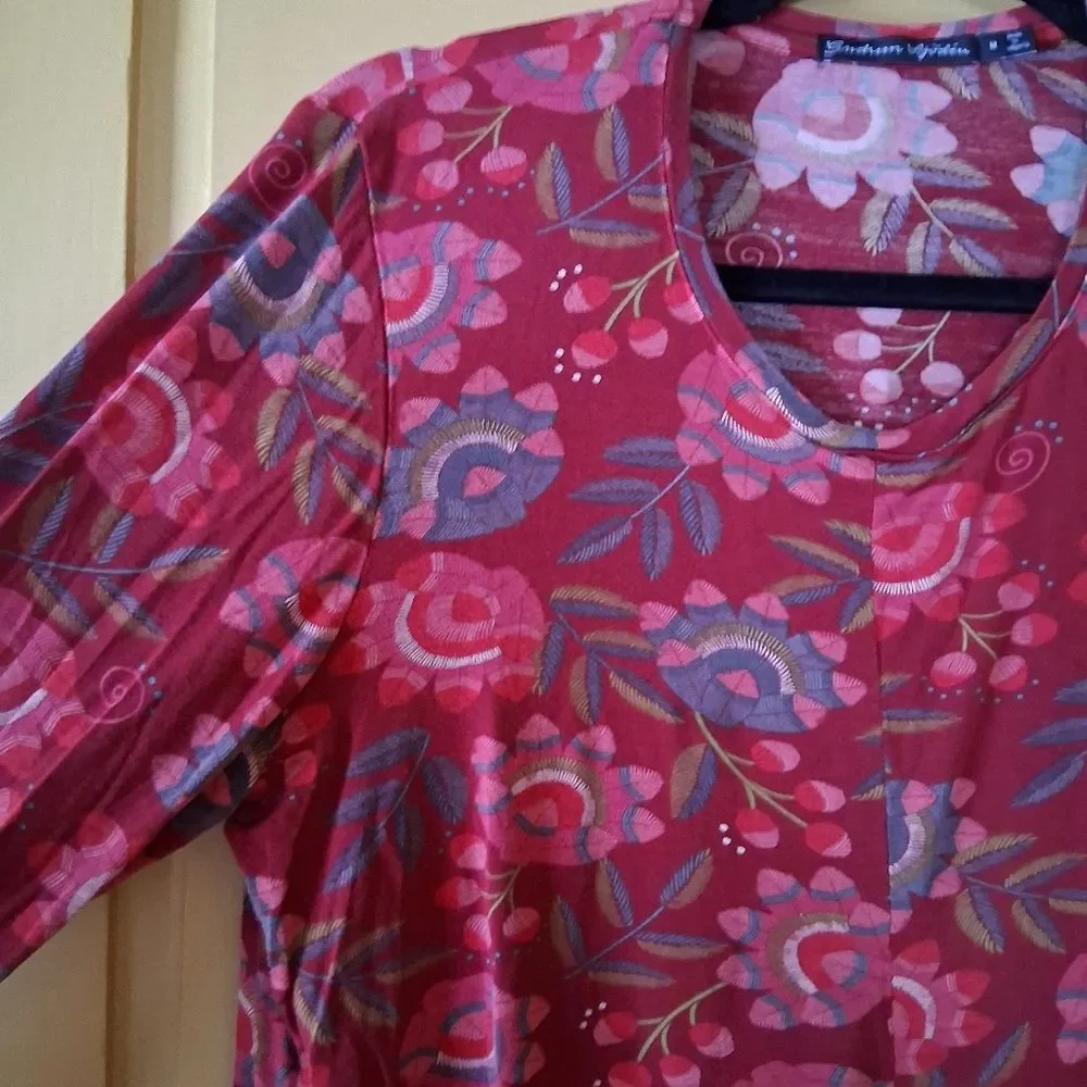 Gudrun Sjoden Vibrant Abstract Floral Burgundy Red Long Sleeve Dress - Picture 4 of 12
